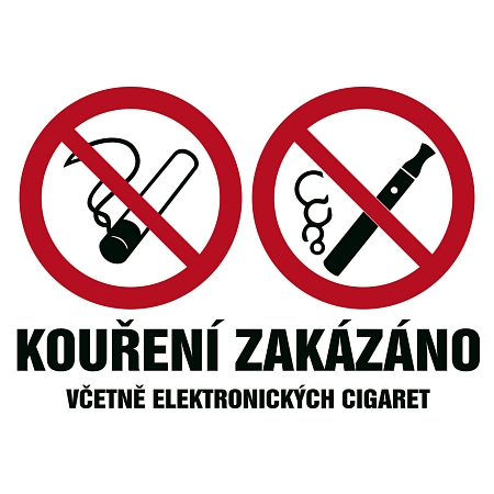 Značka KOUŘENÍ ZAKÁZÁNO VČETNĚ ELEKTRONICKÝCH CIGARET, samolepicí fólie, 210 × 297 mm